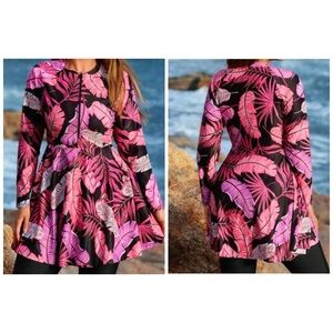 Vibrant Pink and Black Leaf Print Swim Dress